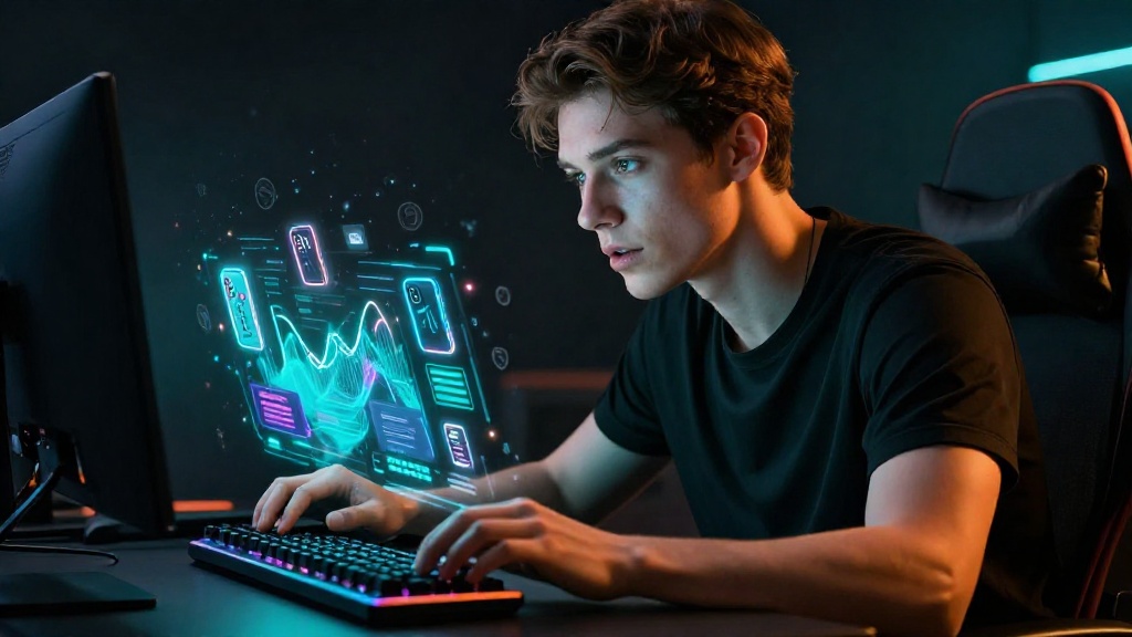 Молодой геймер выбирает сайт для открытия кейсов CS2, изучая интерфейс на смартфоне в неоновой подсветке