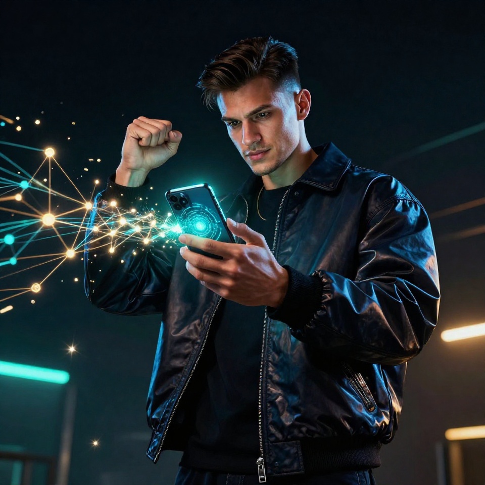 Молодой мужчина уверенно выбирает вариант стейкинга TRON на смартфоне с абстрактной визуализацией блокчейн-сети в киберпанк-эстетике